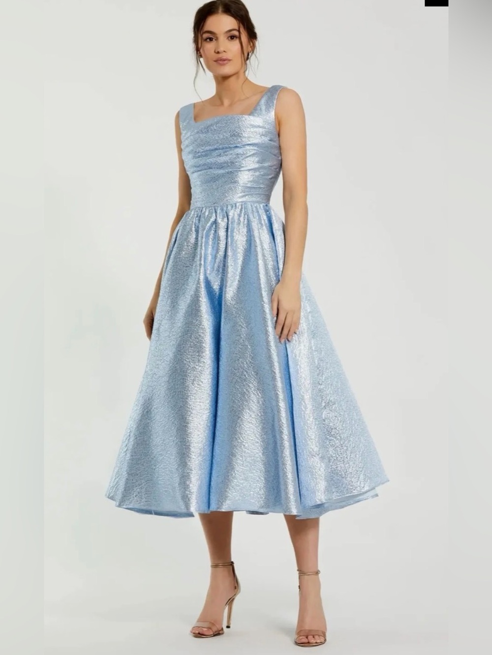 Mac Duggal Shimmery Sky Blue Square-Neck Midi Dress